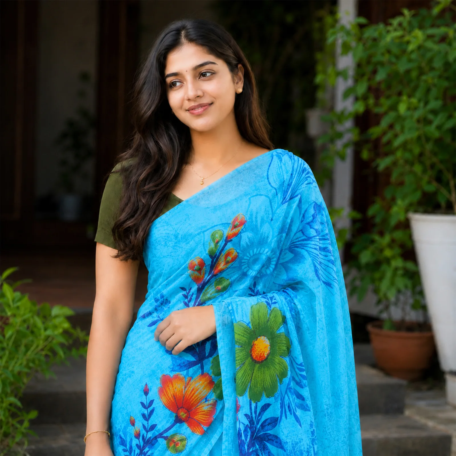 Vaidehi in Sacred Crimson & Gold Korvai - Angle 3