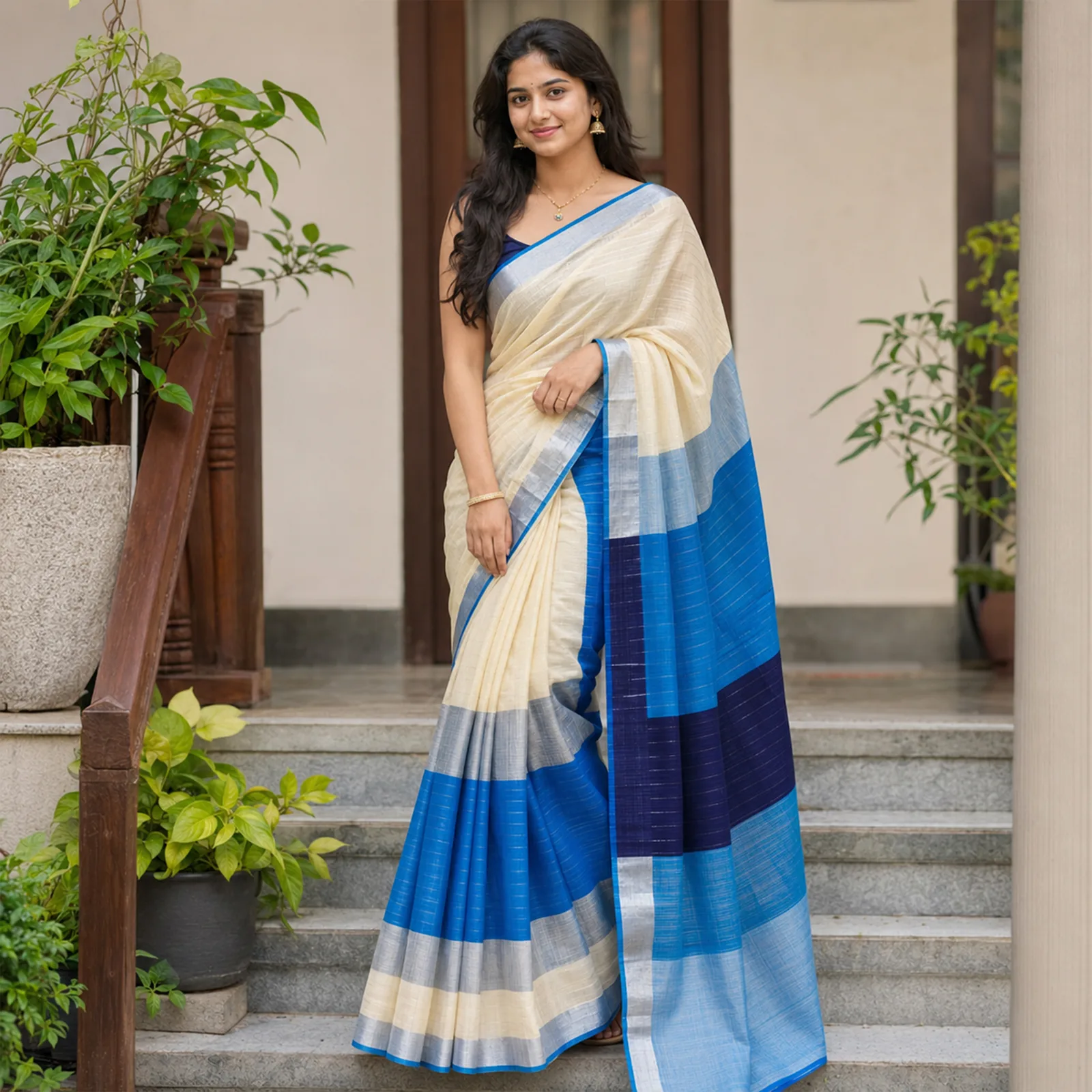 Mallika in Royal Blue & Silver Kadwa - Angle 6