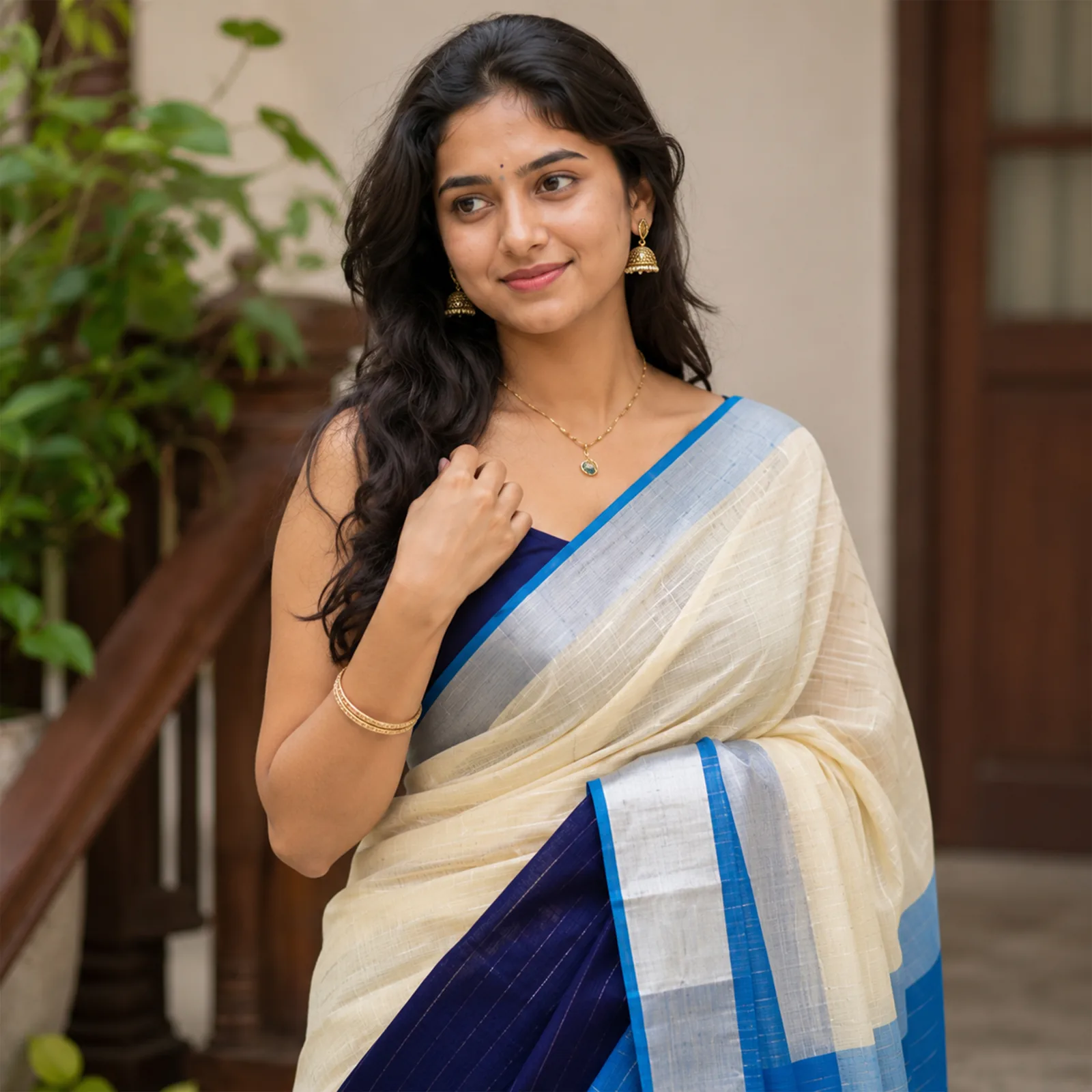 Mallika in Royal Blue & Silver Kadwa - Angle 9