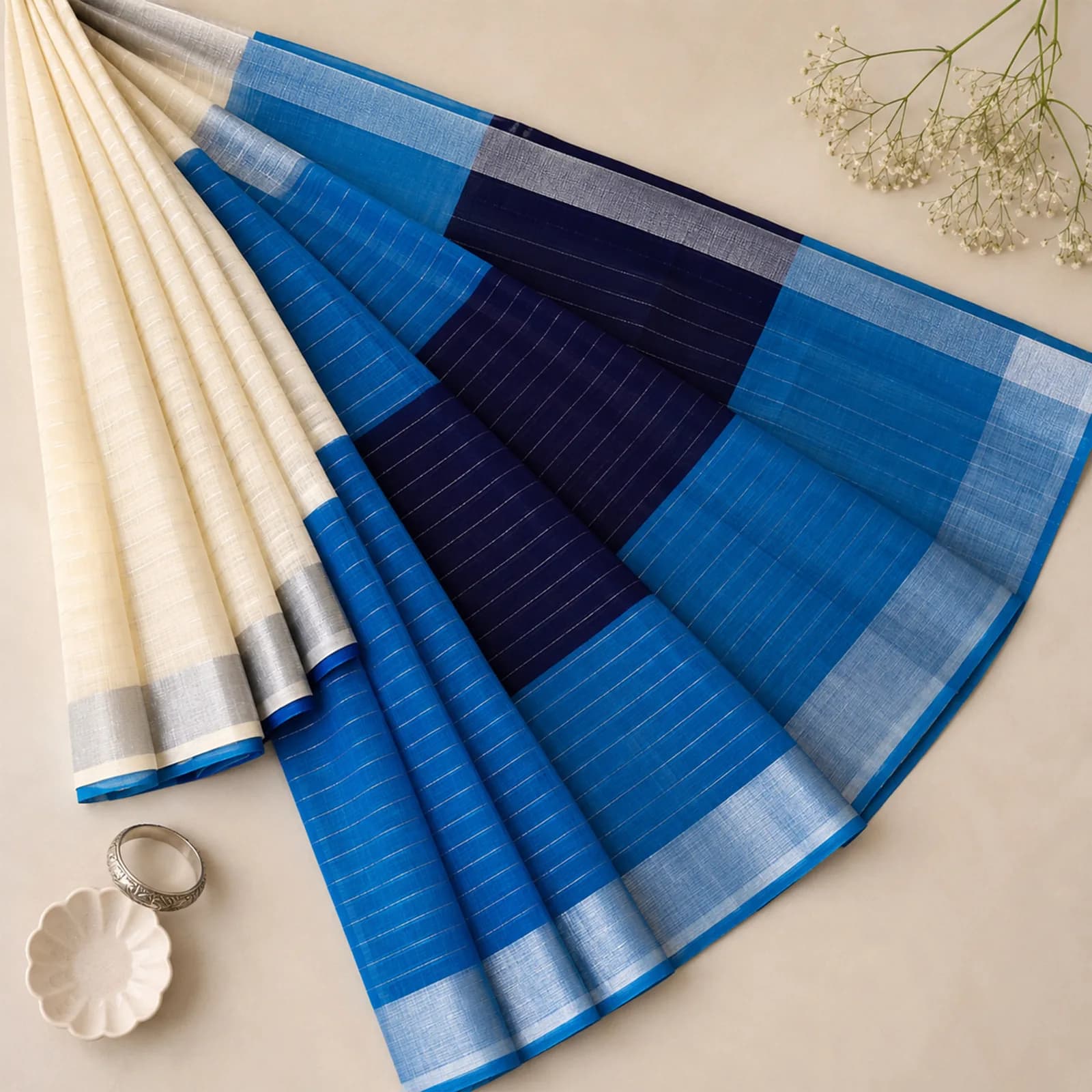 Mallika in Royal Blue & Silver Kadwa - Angle 10