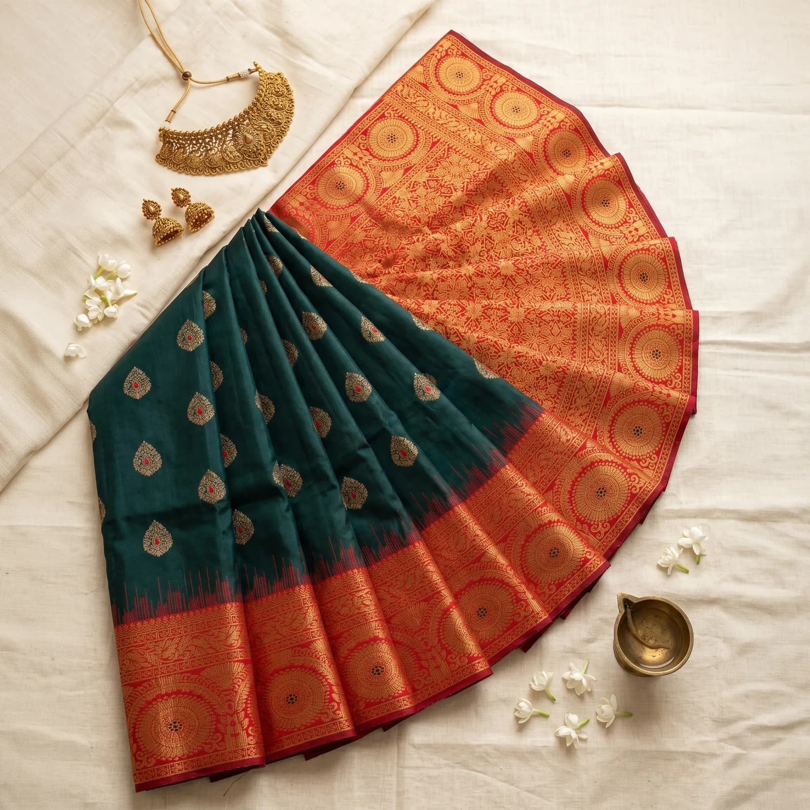 Kaveri Silk in Turquoise & Silver Zari - Angle 2