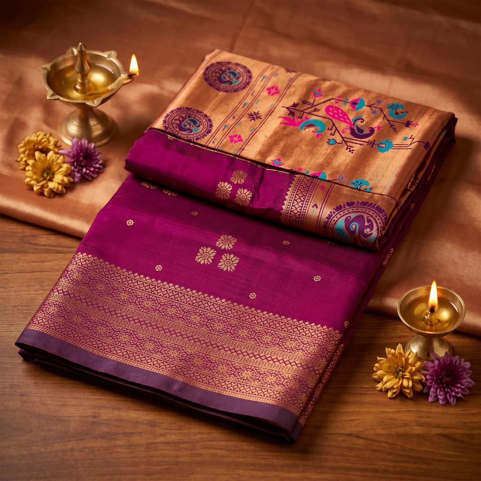 Sumangali in Yellow Ochre & Red Border - Angle 2