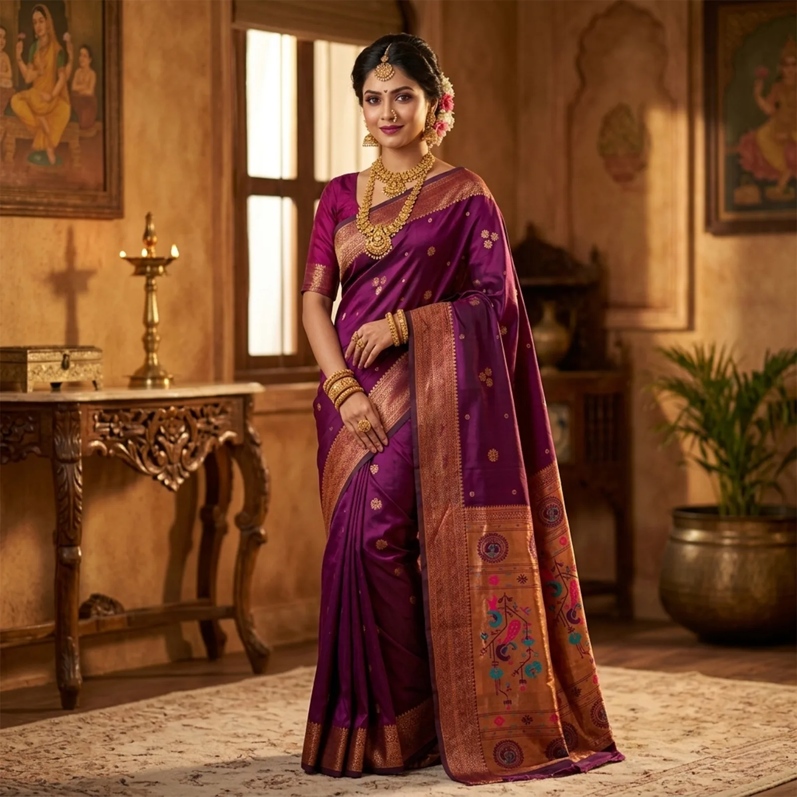 Sumangali in Yellow Ochre & Red Border - Angle 3