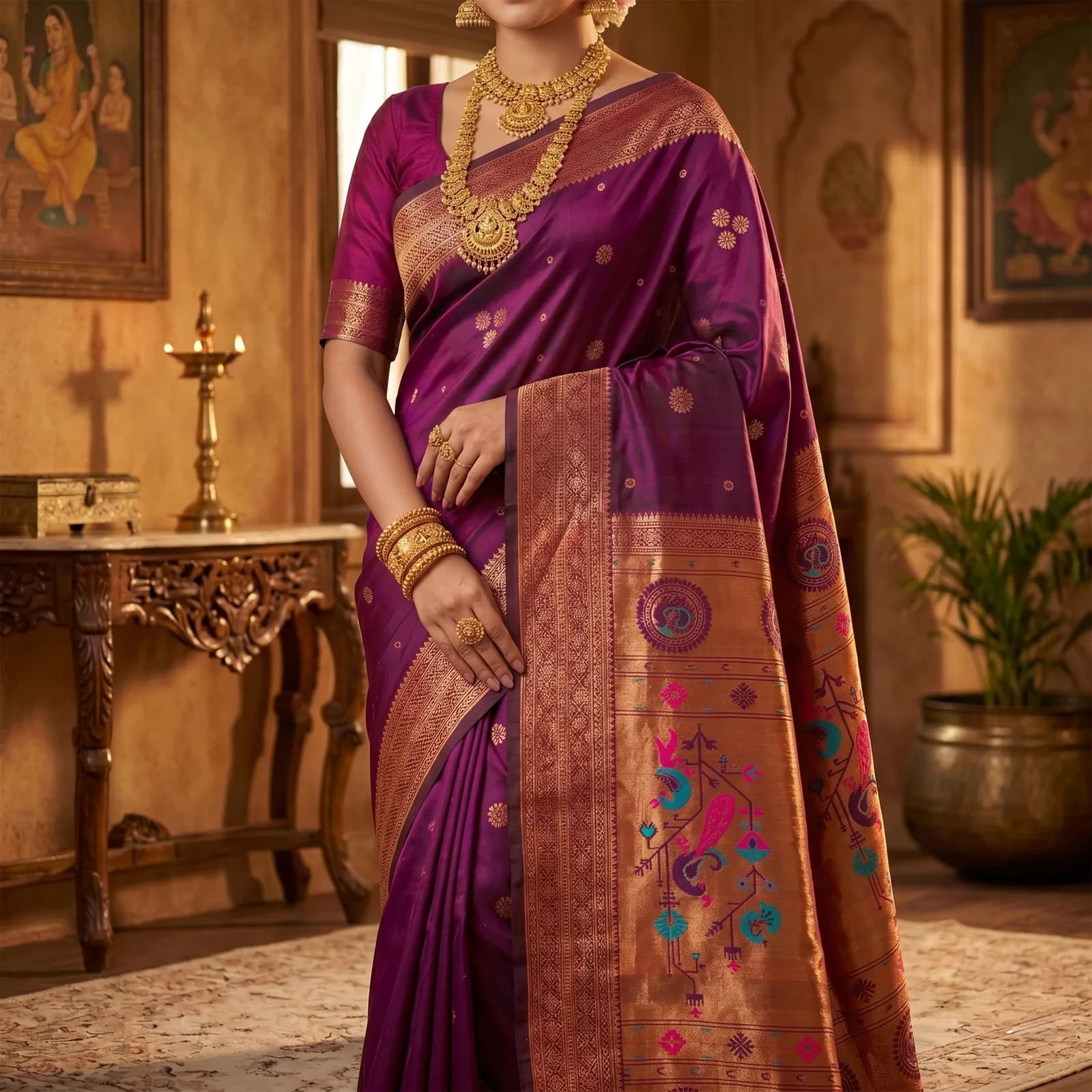 Sumangali in Yellow Ochre & Red Border - Angle 5