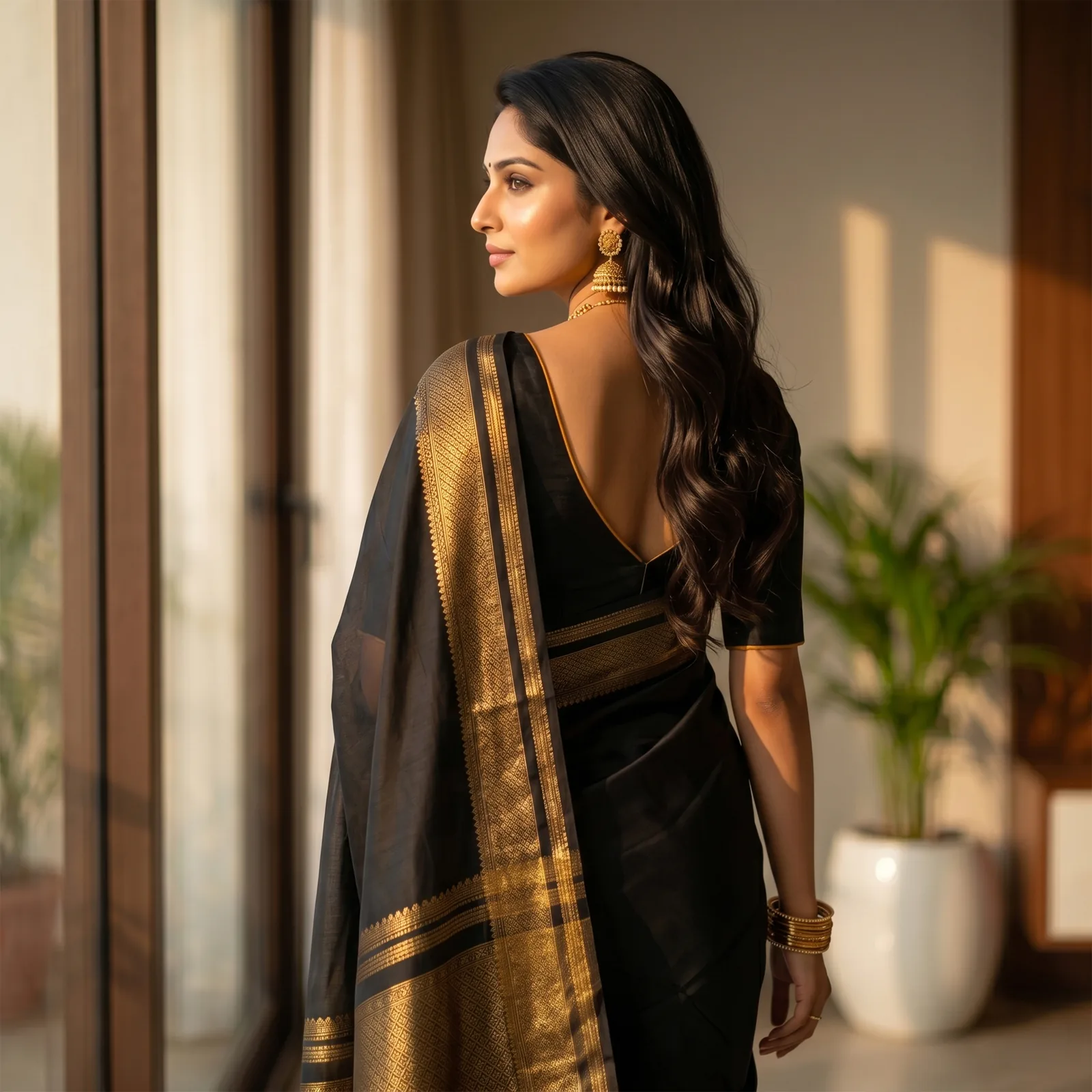 Hemavati in Olive Green & Ruby Red Border - Angle 3