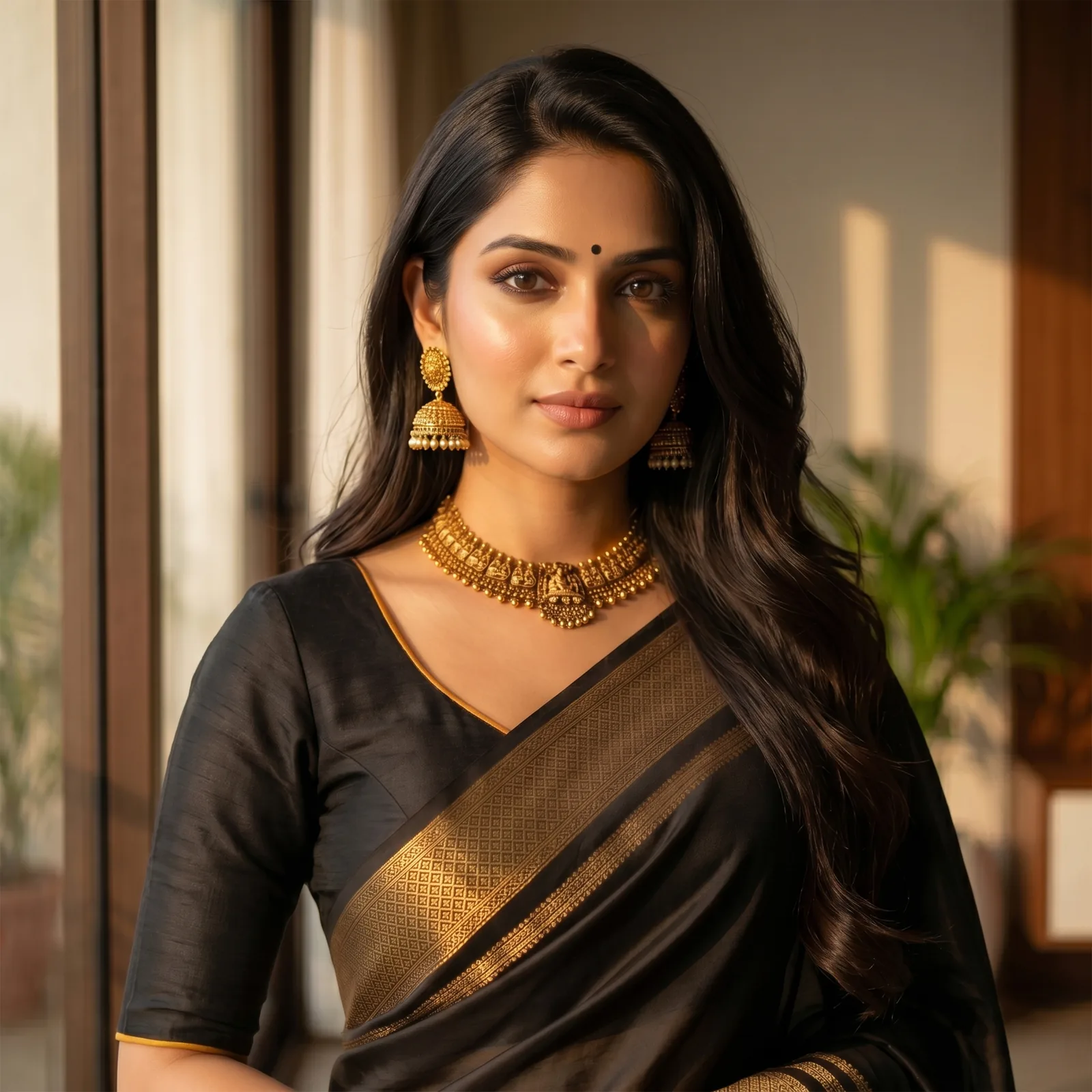 Hemavati in Olive Green & Ruby Red Border - Angle 4