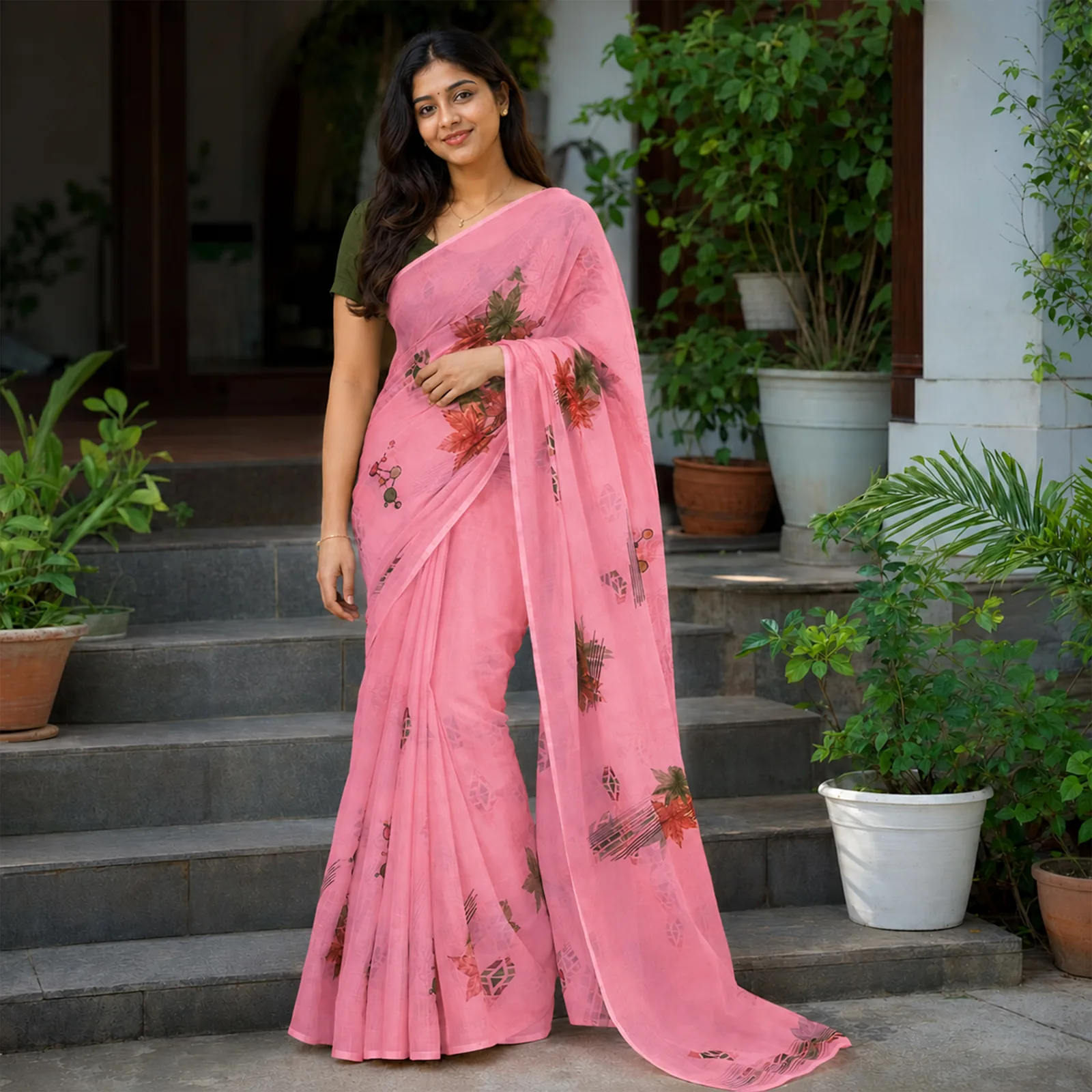 Tulasi in Basil Green & Gold Border - Angle 3