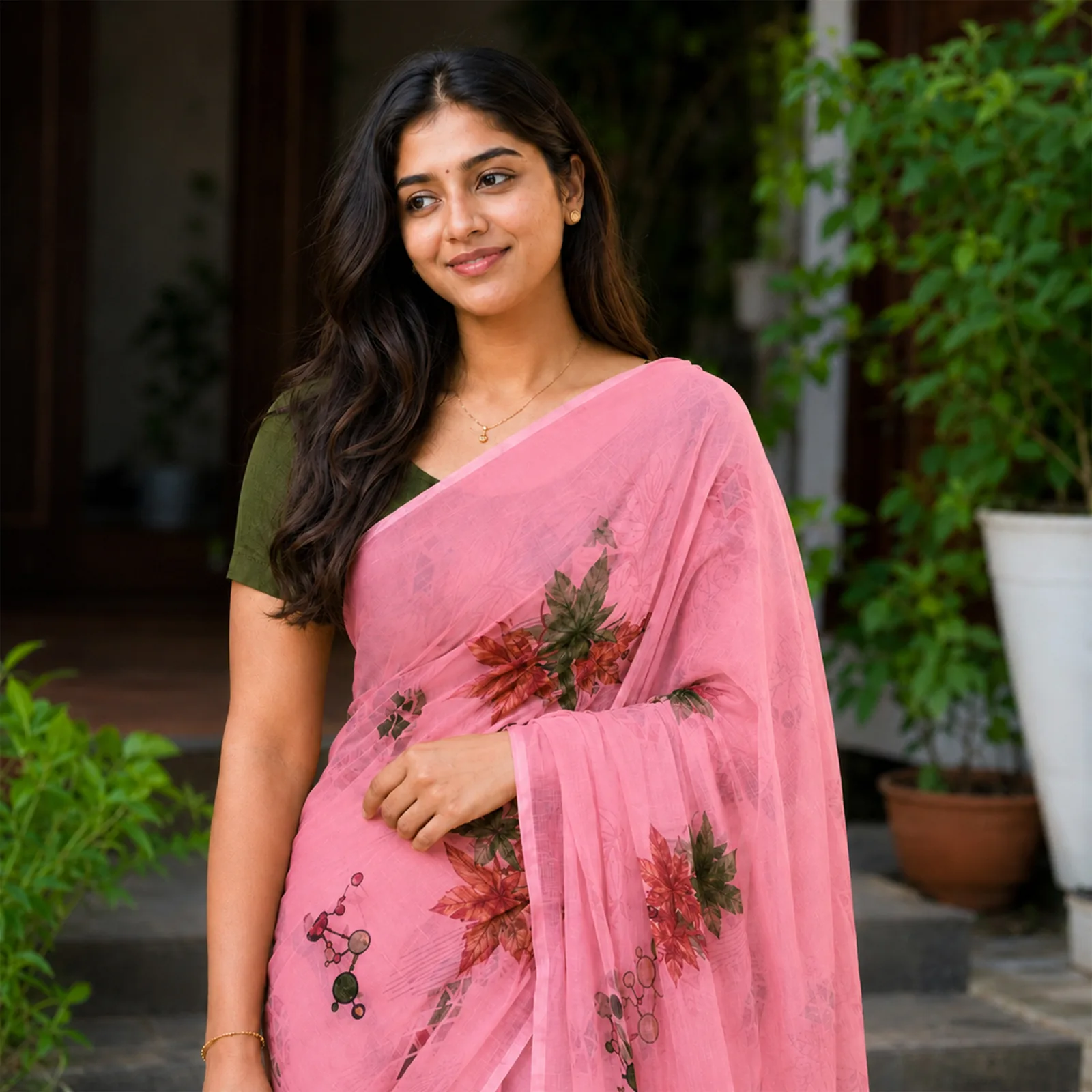 Tulasi in Basil Green & Gold Border - Angle 4