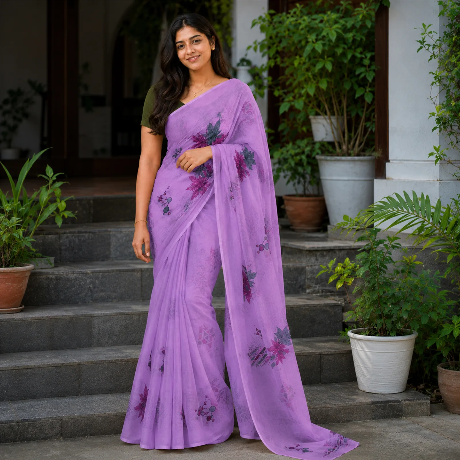 Revathi in Plum & Contrast Zari Border - Angle 4
