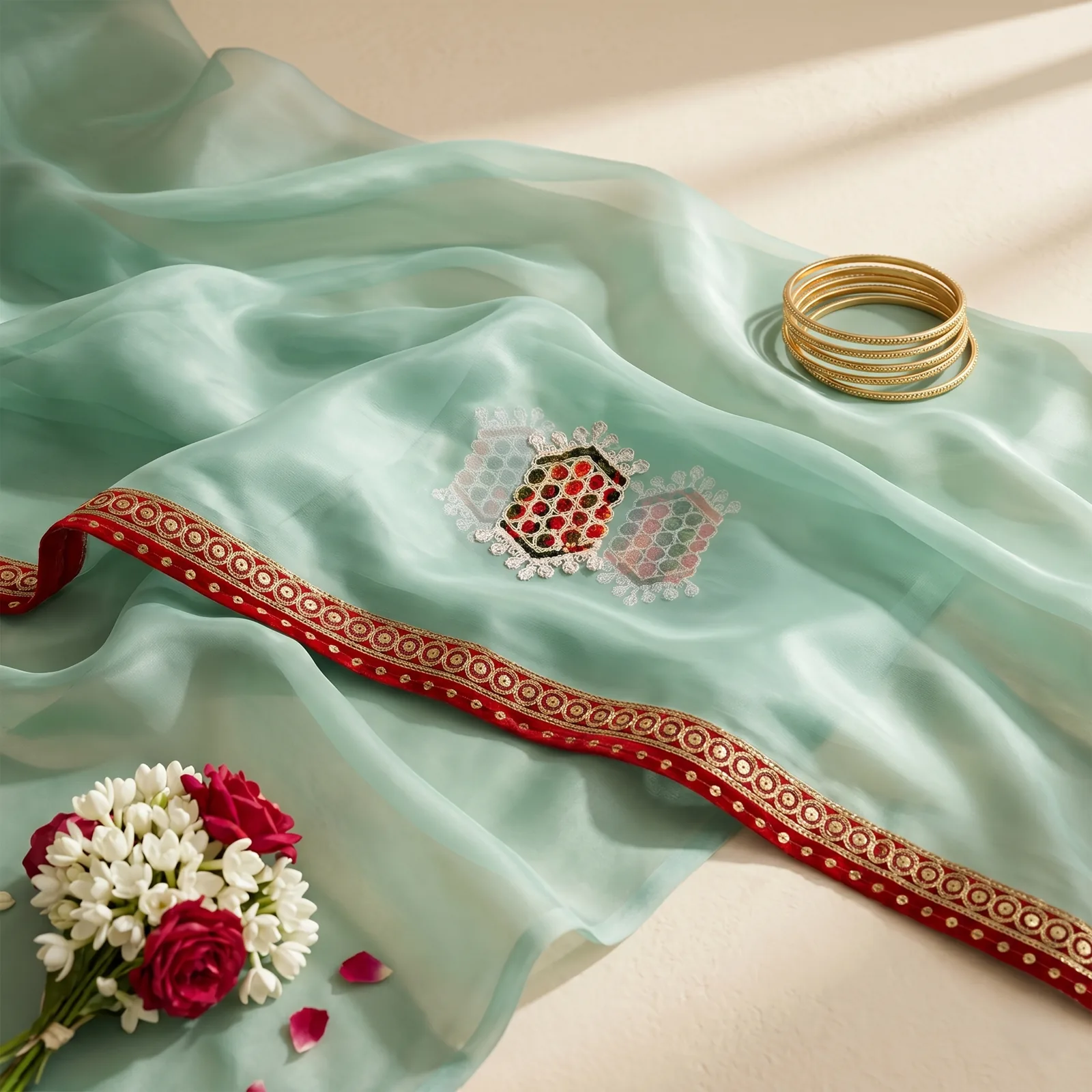 Radha in Vermilion Red & Temple Border - Angle 5
