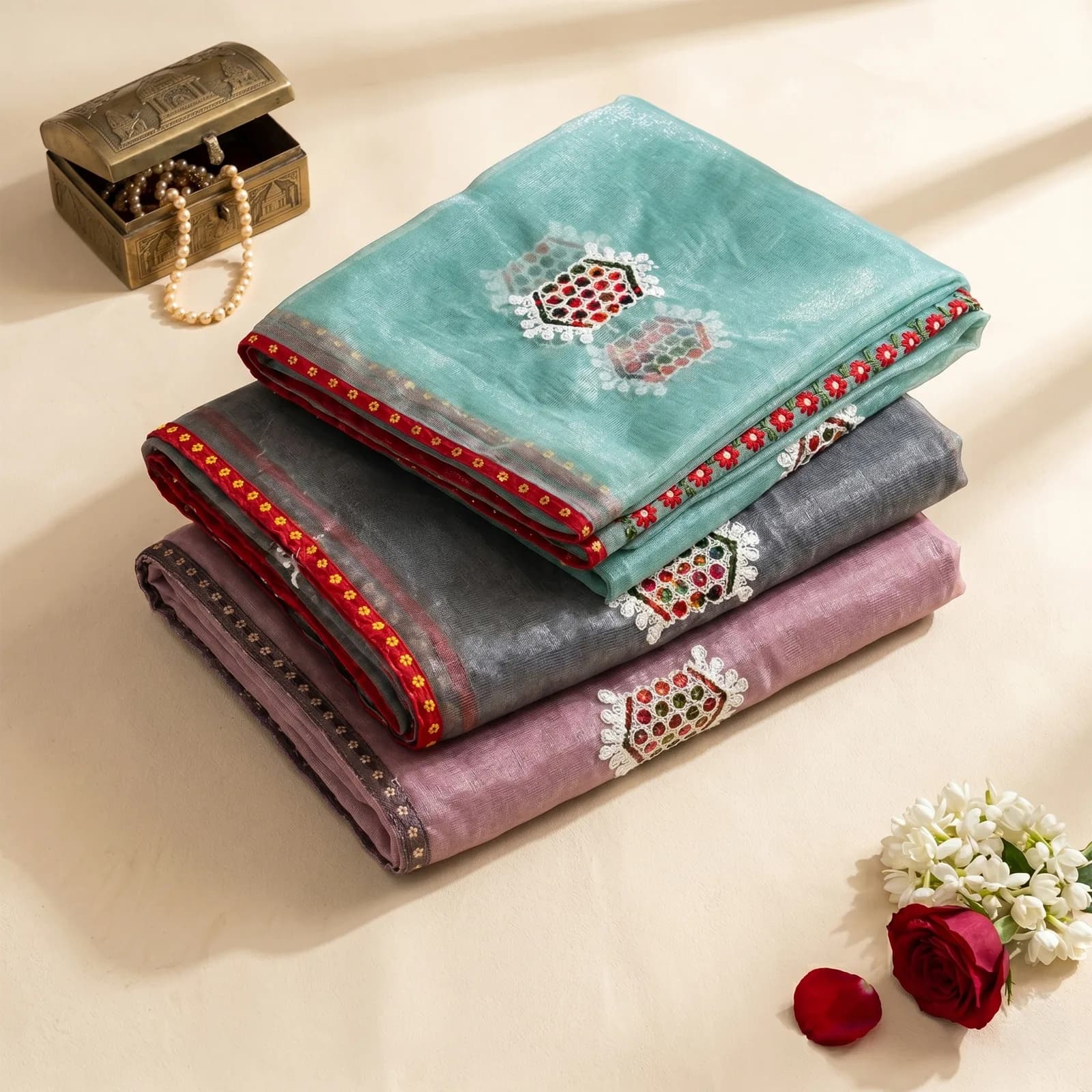 Radha in Vermilion Red & Temple Border - Angle 6