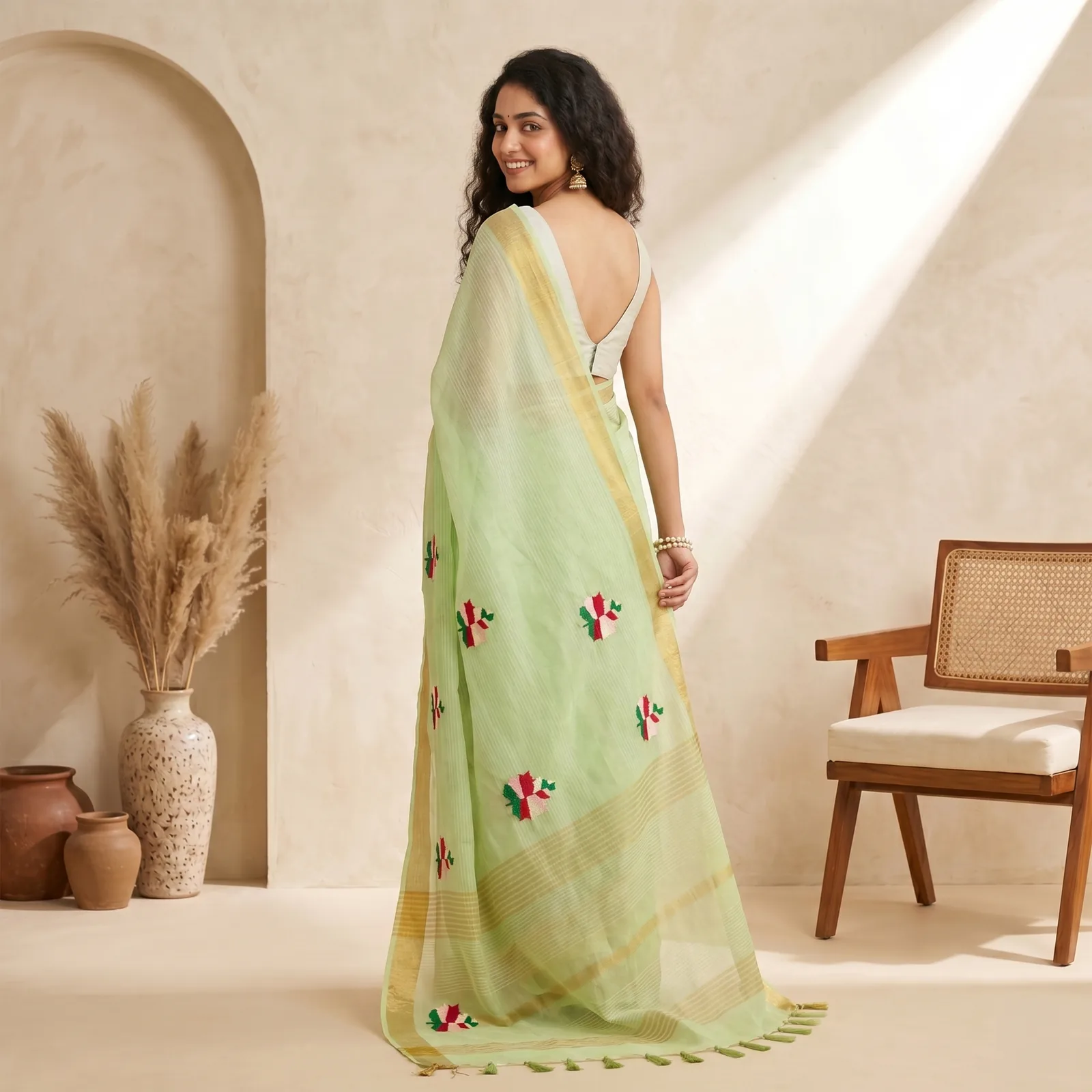 Meenakshi in Temple Mustard & Navy Border - Angle 2