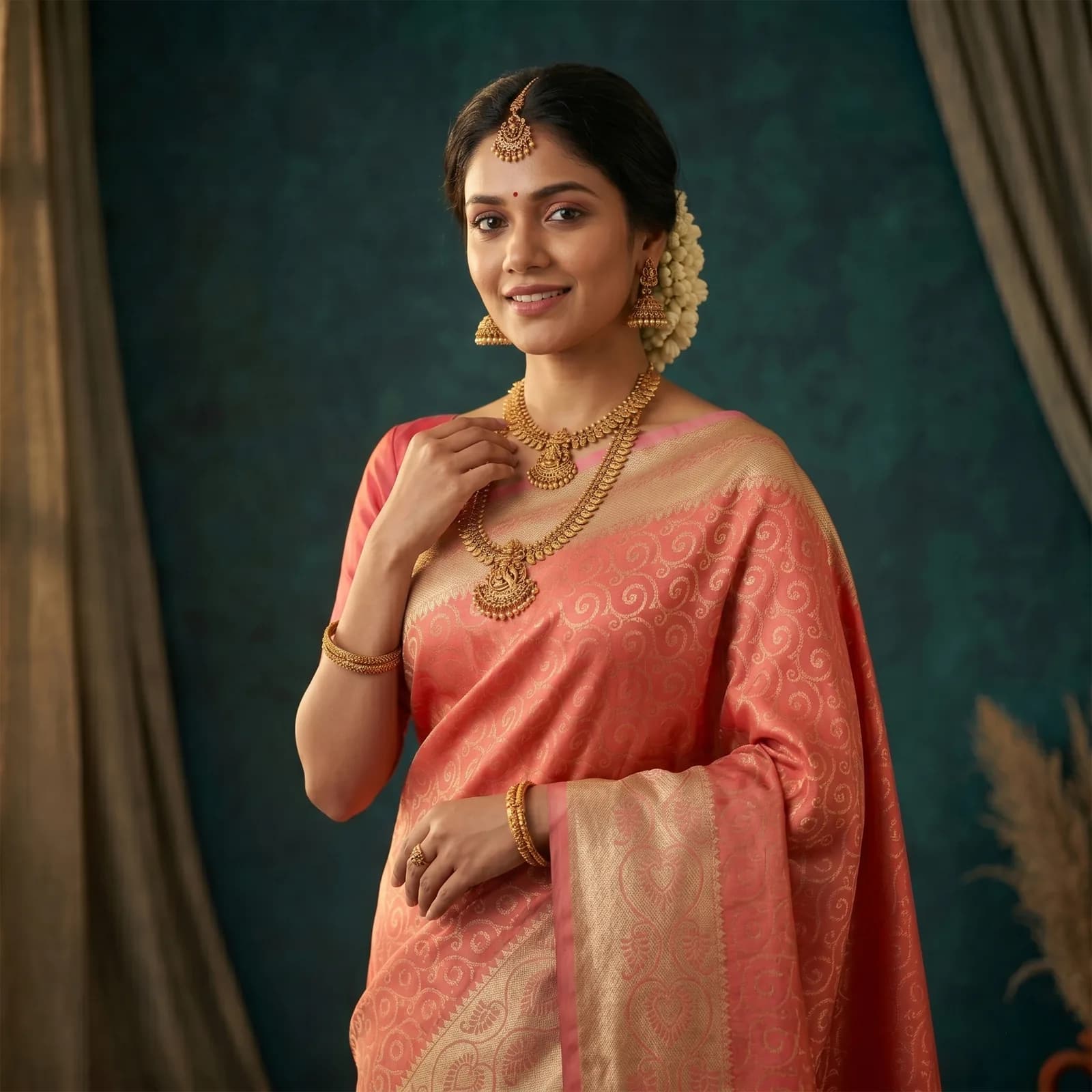 Champa in Ivory & Floral Gold Butis - Angle 3