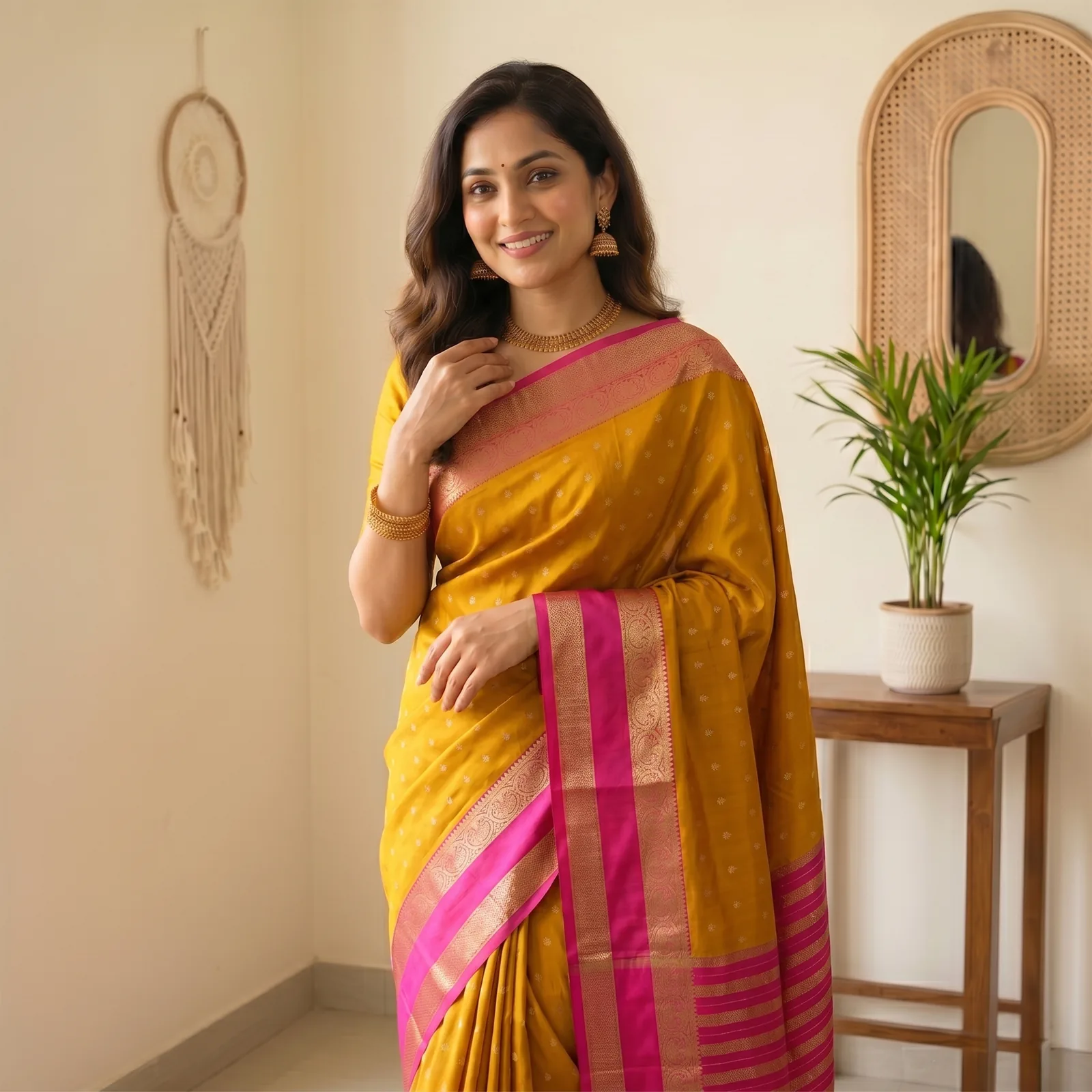 Anushree in Vibrant Pink & Golden Weave - Angle 3